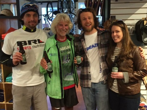 Friday night social mixer hosted by Coastal Urge was a big hit with the runners, their friends and families. From left: Bradford Lombardi, Jim Schroeder, Keith Hanson and Laura Mudge. Photo by Host Jeoffrey Nathan, Co-founder of Coastal Urge.