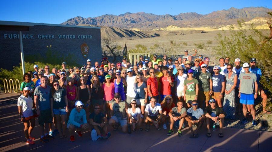 2016 STYR Labs Badwater 135 Race Field, in front of the Death Valley National Park Visitors Center: 116 degrees at 700pm on July 17, 2016. Photo by Ron Jones.